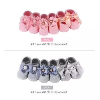 3 пары комплектов хлопковых противоскользящих кружевных носков с галстуком-бабочкой для малышей 0-1 Year Old