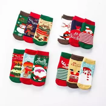 3 пары/лот, хлопковые детские носки на весну, зиму и осень для маленьких мальчиков и девочек, детские полосатые махровые носки со снежинкой, Лось, Санта-Клаус, Рождественский медведь S