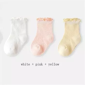 3 пары/лот Летние детские сетчатые тонкие носки однотонные мягкие хлопковые носки для новорожденных носки с рюшами для маленьких девочек милые дышащие носки S (6-12months)