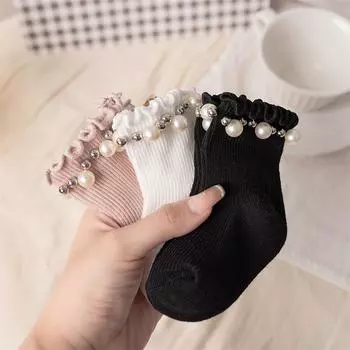 3 пары/лот Носки с жемчугом для маленьких девочек Весна Осень Принцесса Детские Милые Носки Малыш Мягкий Хлопок Кружево Короткие Носки-гольфы Для 0-7 лет 0-1Years(S)