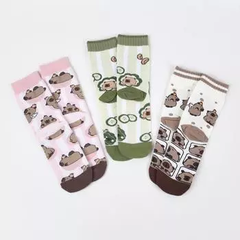3 пары милых мультяшных забавных женских носков до середины икры, с рисунком маленького животного капибары, универсальные, удобные, подходят для всех сезонов One Size