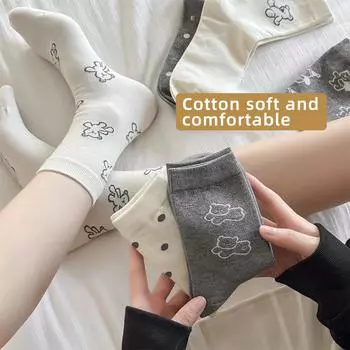 3 пары носков для девочек, носки средней длины, модные нескользящие носки из чистого хлопка на весну и осень, универсальные длинные носки в стиле колледжа с рисунком медведя в горошек