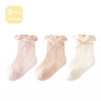 3 пары носков для девочек, тонкие сетчатые носки, детские носки с бантиками для девочек, дышащие, в стиле принцессы, аксессуары для маленьких девочек S(0-6M)