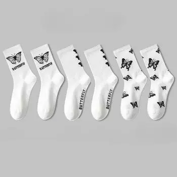 3 пары новых женских кавайных хлопковых носков с бабочками, женские, черные, белые, харадзюку, средней длины, мультяшные носки для женщин One Size