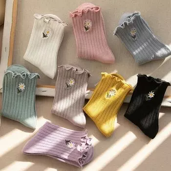 3 пары/партия носков для женщин, хлопковые носки с оборками, короткие, дышащие, карамельного цвета, с вышитыми цветами, комплект на весну и осень Size Suit For 35-42