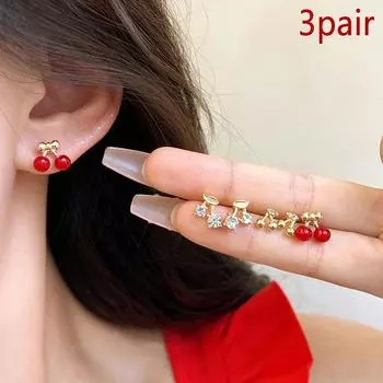 3 пары простых милых маленьких сережек-гвоздиков с вишнями для женщин и девочек, разноцветные серьги с вишнями, ювелирные аксессуары, подарки 3Pair