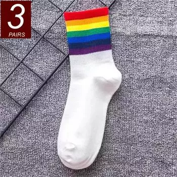 3 пары радужных хлопковых носков, женские высококачественные хлопковые носки, уличные носки в полоску, спортивные носки средней длины EU 35-40