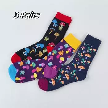 3 пары разноцветных носков длиной до середины икры с изображением грибов от World Fashion для мужчин и женщин