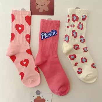3 пары розовых милых хлопковых носков для девочек, носки средней длины, универсальная верхняя одежда, модные и модные носки, персонализированные носки