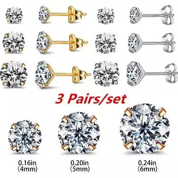 3 пары серег, комплект круглых серег с цирконием, темпераментные простые серьги с искусственными бриллиантами, золотые и серебристые серьги 3pair золотой