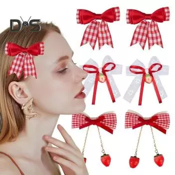 3 пары заколок для волос с подвесками в виде клубничного банта, красные клетчатые шпильки с противоскользящими зубцами для женщин и девочек, рождественские аксессуары для волос 6pcs