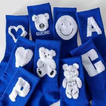 3 пары женских хлопчатобумажных носков, простые синие весенне-осенние полосатые носки средней длины в клетку