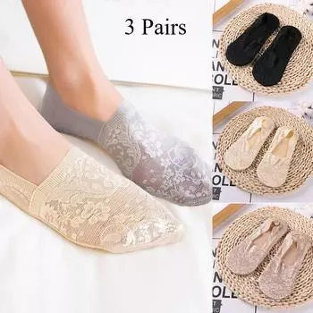 3 пары женских носков по щиколотку, летние модные новые стильные кружевные цветочные короткие носки, противоскользящие невидимые носки One size