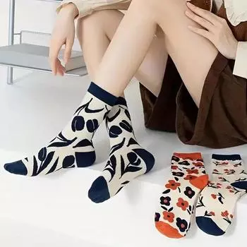 3 пары женских носков с круглым вырезом и принтом, модные универсальные цветочные узоры, мягкие, удобные, дышащие, повседневные носки средней длины One Size