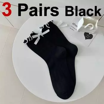 3 пары женских носков средней длины с бантом-бабочкой в стиле Лолиты в стиле Jk, с плиссированным краем, впитывающие пот, дышащие, мягкие, удобные, повседневные носки One Size