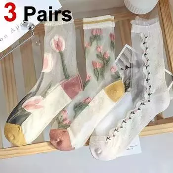 3 пары женских носков средней длины с цветочным узором, модные летние прозрачные носки с узором, мягкие, удобные, дышащие, повседневные носки One Size