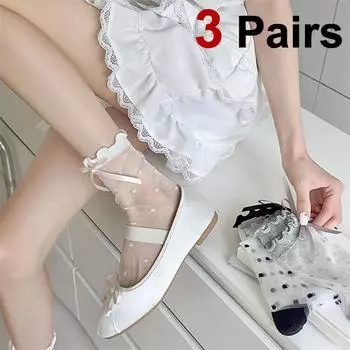 3 пары женских носков средней длины с бантом и бабочкой, летние тонкие прозрачные милые мягкие удобные дышащие повседневные чулки в горошек One Size