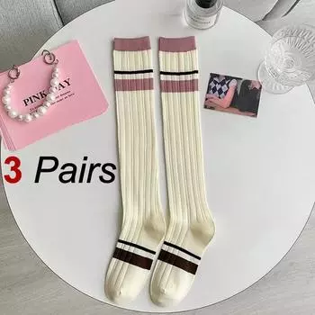 3 пары женских розовых полосатых гольфов до колена, модный колледжский стиль, мягкие, удобные, влагоотводящие, дышащие, повседневные носки One Size