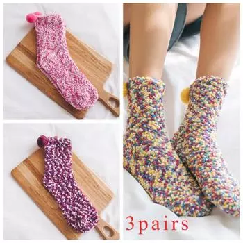3 пары зимних теплых женских носков из кораллового флиса ярких цветов, повседневные домашние носки 3 Pair розовый