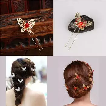 3 Pcs Butterfly Bridal Decoration Wedding U-shaped Hairpin Clip Headdress золотой
