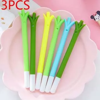 3 Pcs Gel Pen Green Onion Shape Soft Silica Carbon Black Signature Pen Random Color Material Pens Cute Gel Pens