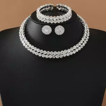 3 Pcs/Set Women Jewelry Set Rhinestone Double-layered Floral Decor Necklace Earrings Bracelet