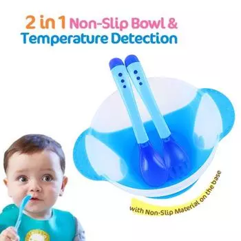 3 Piece Baby Suction Cup Bowl, Spoon and Fork Cutlery Set Photo Accessories 40 Degree Heating Colour Changing Newborn Bowl