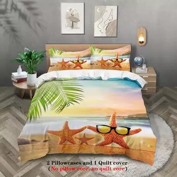 3-piece beach starfish pattern print (1 duvet cover+2 pillowcases, no core) soft and comfortable bedding set 135x200cm-EU-Single