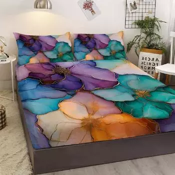 3-Piece Bed Set With Floral Pattern In Gold, Including Two Pillowcases, Suitable For Bedroom And Living Room (Room, Decor) 99cmx199cm