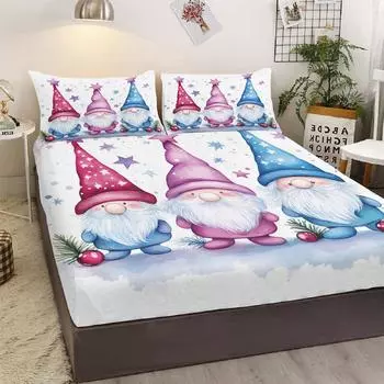 3-Piece Bed Set With Pointed Hat Dwarf Pattern, With Two Pillowcases, Suitable For Bedroom And Living Room (Fairy Tale, Fun) 99cmx199cm
