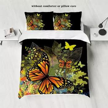 3-piece butterfly printed down duvet cover (1 down duvet cover+2 pillowcases, no core) bedding set soft and comfortable 135x200cm-EU-Single