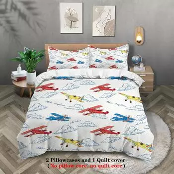 3-piece cartoon airplane pattern print (1 duvet cover+2 pillowcases, no core) soft and comfortable bedding set 135x200cm-EU-Single