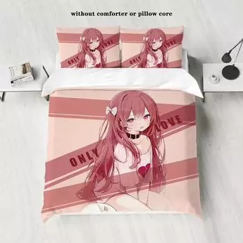 3-piece cartoon anime girl pattern printed down duvet cover (1 piece set+2 pillowcases, no core) bedding set 135x200cm-EU-Single