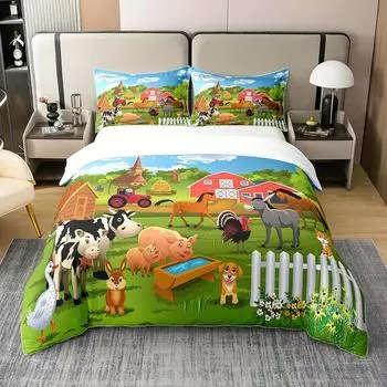 3-Piece Cartoon Farmhouse Duvet Cover Set: Soft Country Style Comforter Cover with 2 Pillowcases, No Filler EU Single 135x200cm
