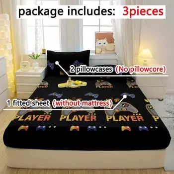 3-Piece Cartoon Fun Game Pattern Matte Three Piece Fitted Sheet Set, Bedroom Printed Bed Cover Set, Bedding 90x200cm