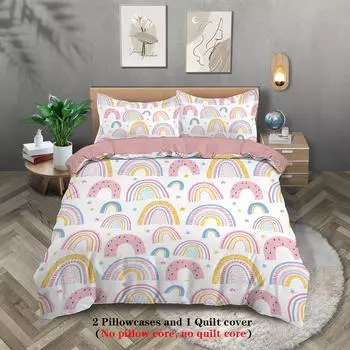 3-piece cartoon pink rainbow pattern print (1 duvet cover+2 pillowcases, no core) soft and comfortable bedding set 135x200cm-EU-Single