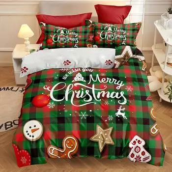 3-Piece Christmas Theme Duvet Cover Set - Soft, Breathable, Comfortable Bedding with Vibrant Tree, Gingerbread Man, and Snowflak EU Single 135x200cm
