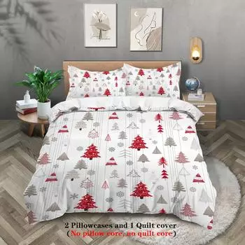 3-piece Christmas themed Christmas tree pattern print (1 duvet cover+2 pillowcases, no core) comfortable bedding set 135x200cm-EU-Single