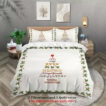 3-piece Christmas Themed Christmas Tree Pattern Print (1 Duvet Cover+2 Pillowcases, No Core) Soft and Comfortable Bedding Set 135x200cm-EU-Single