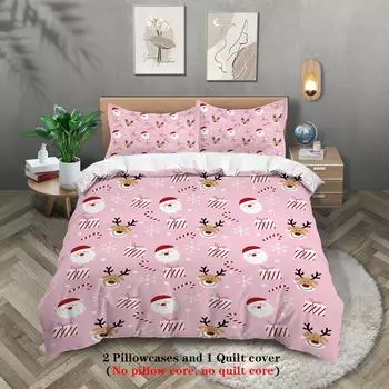 3-piece Christmas themed pink Santa Claus print (1 duvet cover+2 pillowcases, no core) soft and comfortable bedding set 135x200cm-EU-Single