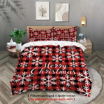 3-piece Christmas themed red checkered Christmas Happy English pattern print (1 duvet cover+2 pillowcases, no core) bedding set 135x200cm-EU-Single