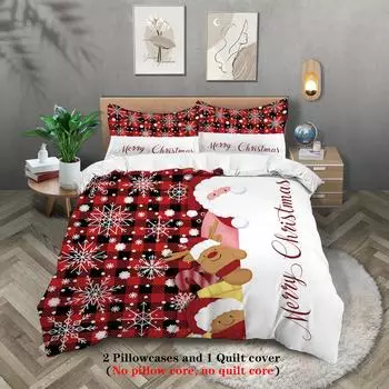 3-piece Christmas themed red checkered reindeer Santa Claus pattern print (1 duvet cover+2 pillowcases, no core) bedding set 135x200cm-EU-Single