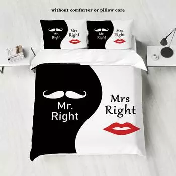 3-piece down duvet cover set in black and white color with beard and lip print for couples (1 duvet cover+2 pillowcases, no core 135x200cm-EU-Single