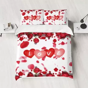 3-piece down duvet cover set with rose heart pattern print (1 duvet cover+2 pillowcases, no core) Valentine s Day bedding set 135x200cm-EU-Single