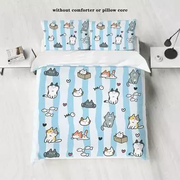 3-piece down duvet cover with blue striped cartoon cat pattern print (1 down duvet cover+2 pillowcases, no core) bedding set 135x200cm-EU-Single