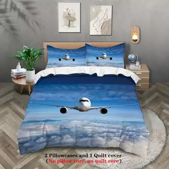 3-piece down duvet cover with blue sky airplane pattern print (1 duvet cover+2 pillowcases, no core) Comfortable bedding set 135x200cm-EU-Single