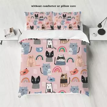 3-piece down duvet cover with cartoon cat pattern print (1 down duvet cover+2 pillowcases, no core) Soft bedding set 135x200cm-EU-Single
