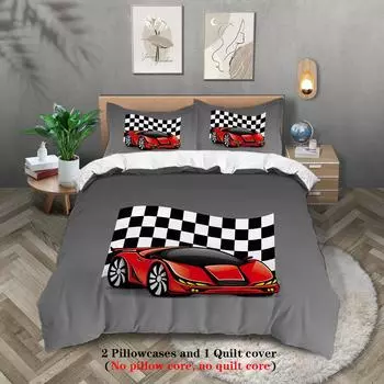 3-piece down duvet cover with cartoon racing pattern print (1 duvet cover+2 pillowcases, no core) bedding set 135x200cm-EU-Single