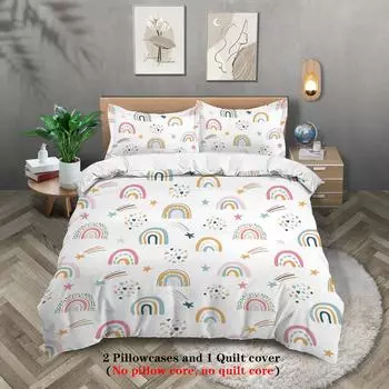 3-piece down duvet cover with cartoon rainbow pattern print (1 duvet cover+2 pillowcases, no core) girls bedding set 135x200cm-EU-Single