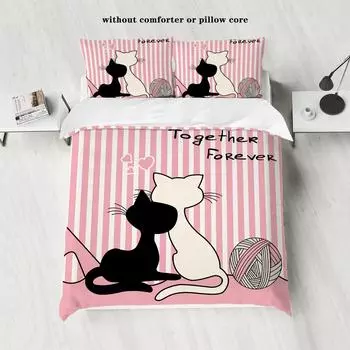 3-piece down duvet cover with couple cat pattern print (1 down duvet cover+2 pillowcases, no core) Soft bedding set 135x200cm-EU-Single